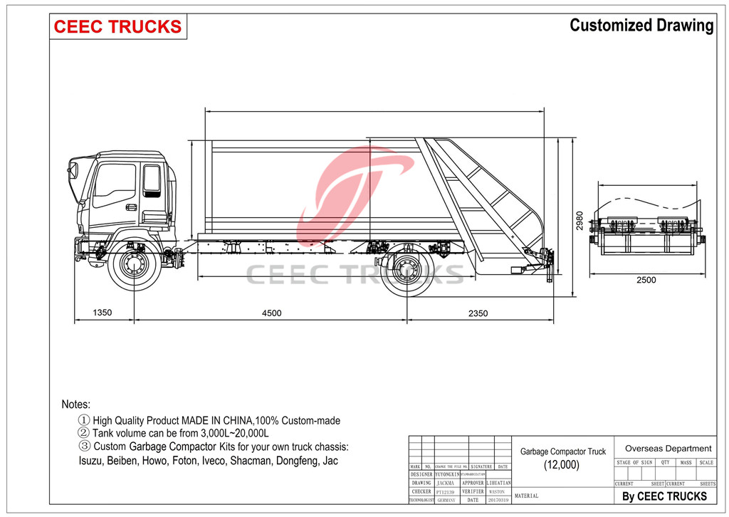 CEEC supply ISUZU 12 CBM water tanker truck drawing