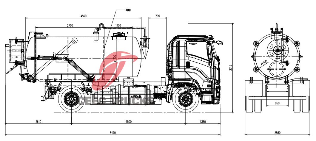 Technical drawing of Isuzu GIGA mounted combination jet suction units